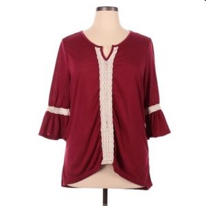 KAREN Brooks Red High Low 3/4 Sleeve Blouse with Lace Detail Size M
